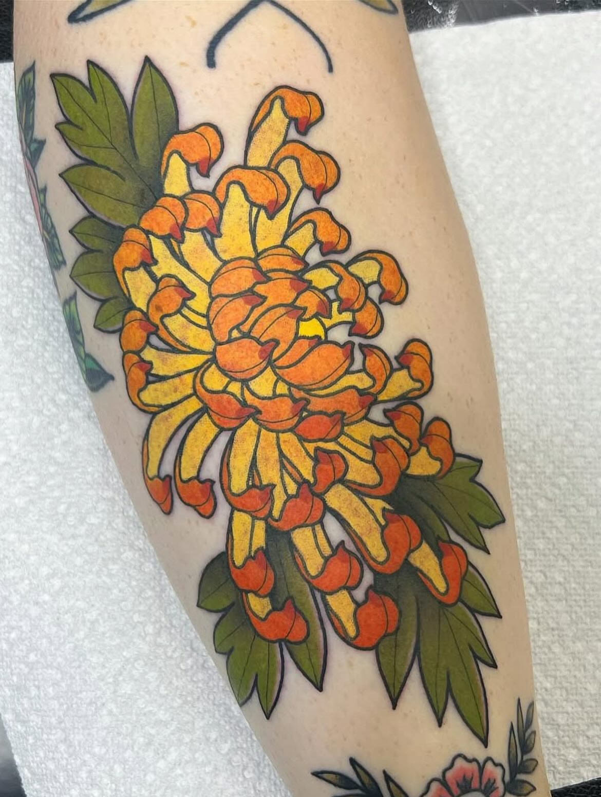 Chrysanthemum American traditional tattoo on the forearm by Taylor Estrella