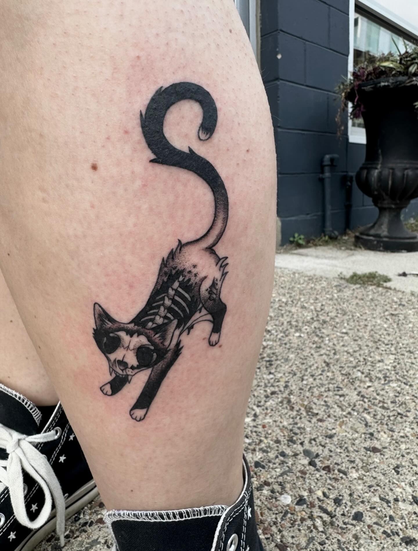 Cat black and grey tattoo on the thigh by Morgan Peeples