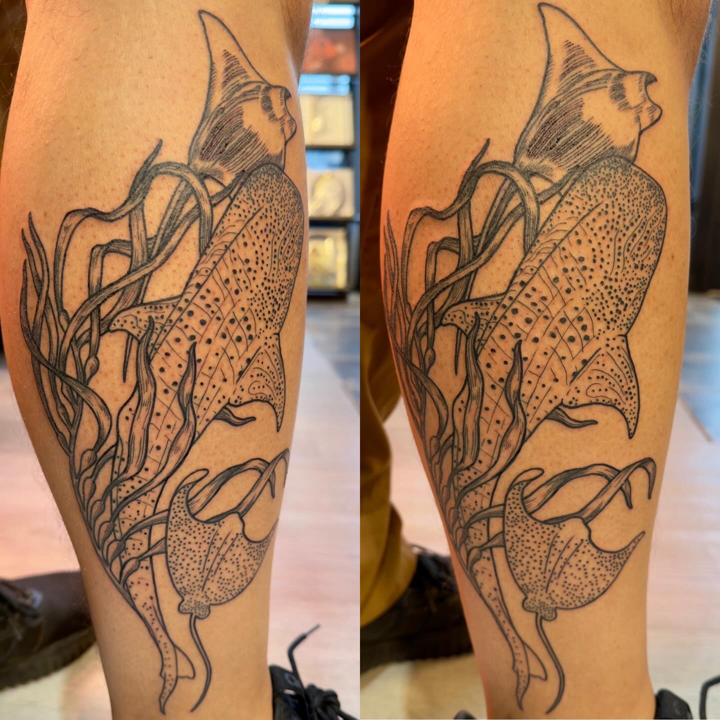 Calla lilies dotwork tattoo on the calf by Patrick Carroll