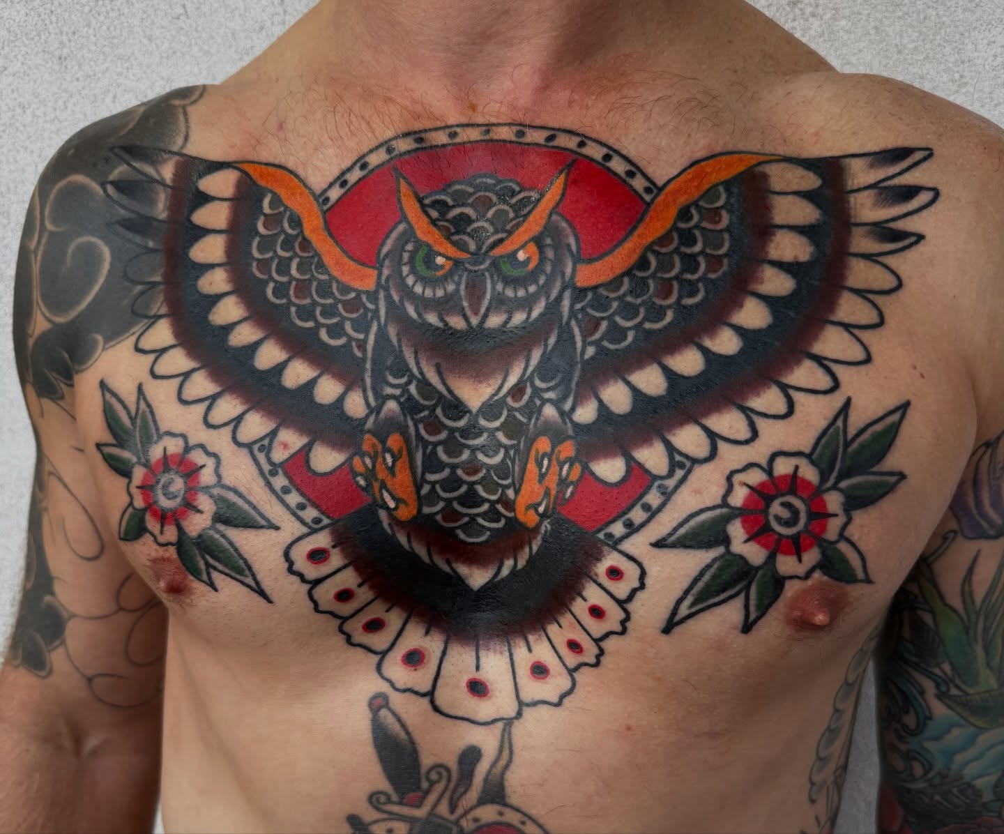 Owl American traditional tattoo on the chest by Noah Diffenderfer, Phoenix, Arizona