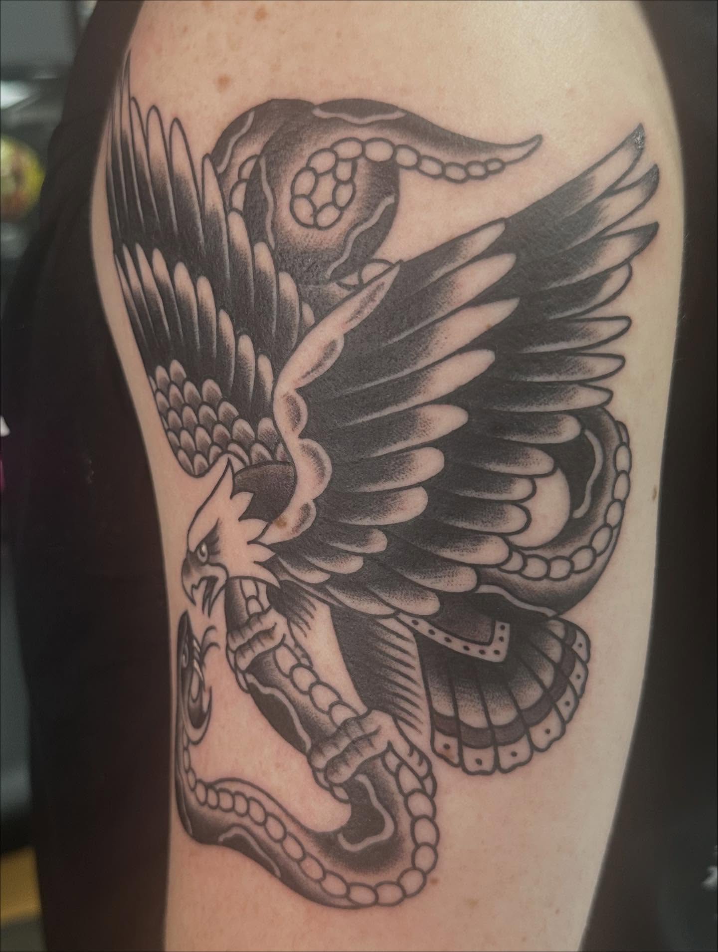 Eagle American traditional tattoo on the forearm by Sammy Beresford