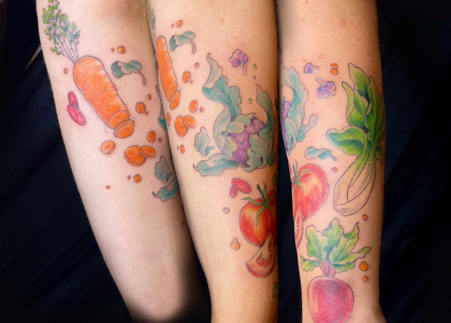 Vegetables watercolor tattoo on the forearm by BELLIE ✧ Tattoo Artist