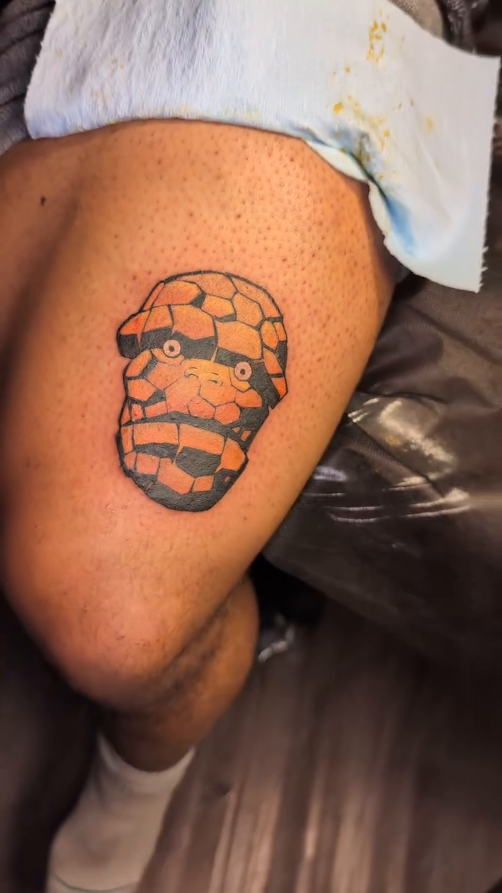 The Thing from Fantastic Four surrealism tattoo on the thigh by Jo Xylo - Minneapolis Tattoo Artist, Minneapolis, Minnesota