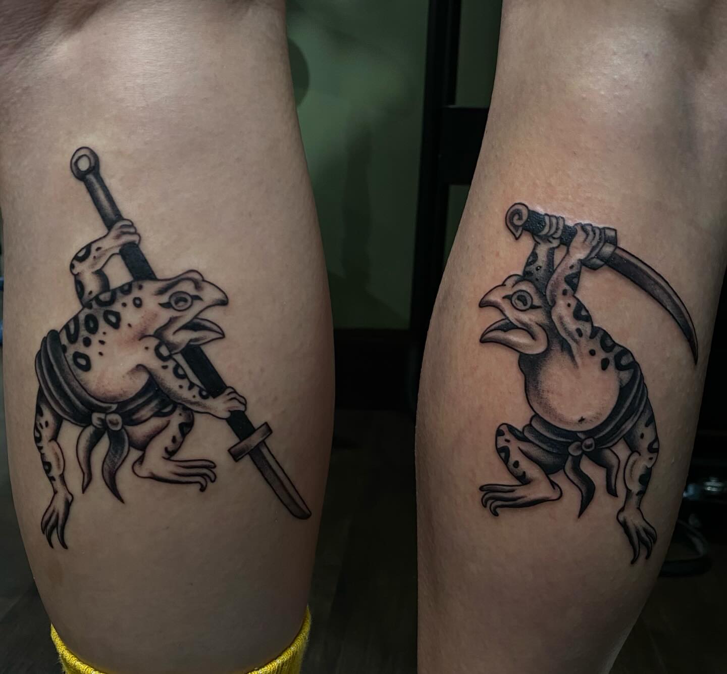Frog warrior black and grey tattoo on the forearm by Kiera ❤️‍🔥