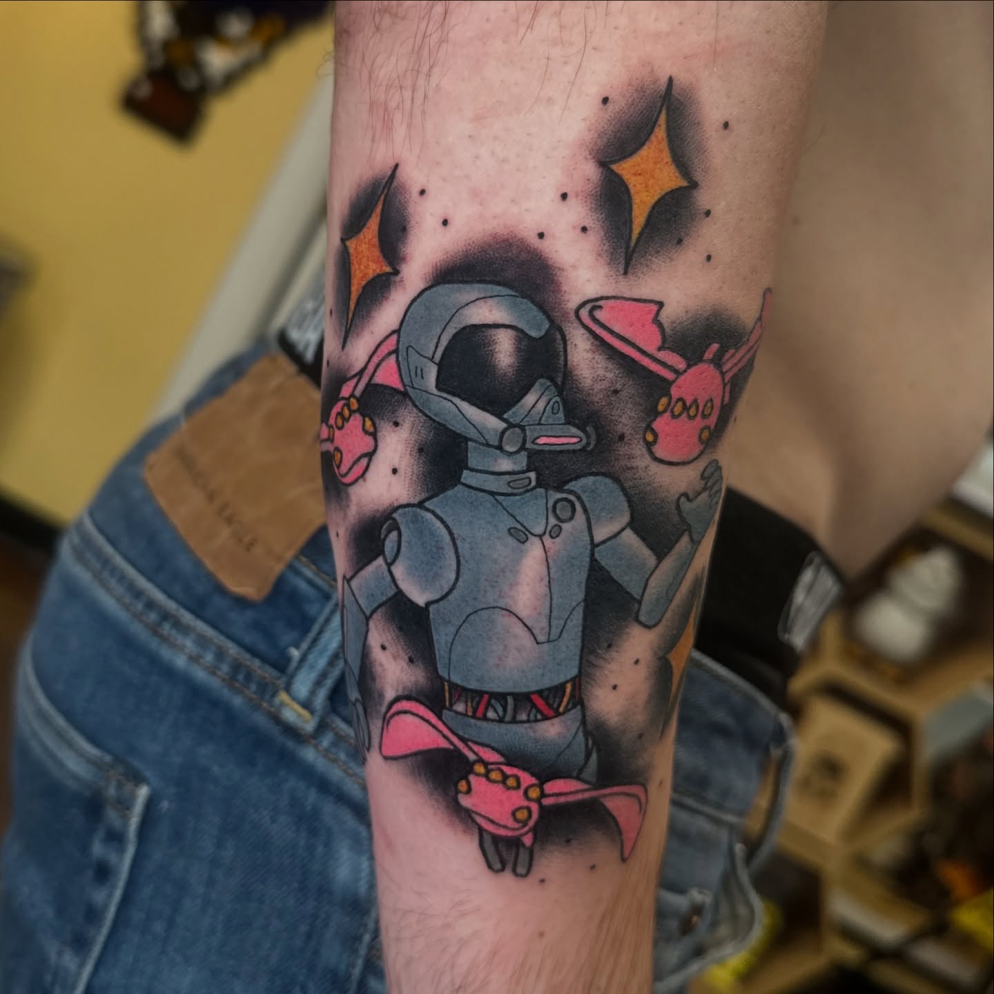 Astronaut dotwork tattoo on the forearm by Nick Bones, Las Vegas, Nevada