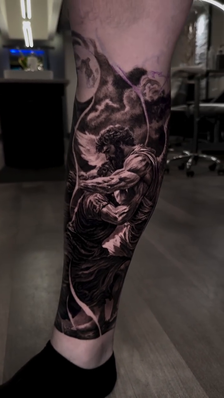 Figure in stormy clouds dark realism tattoo by Armando Galán 🇨🇱🇺🇸