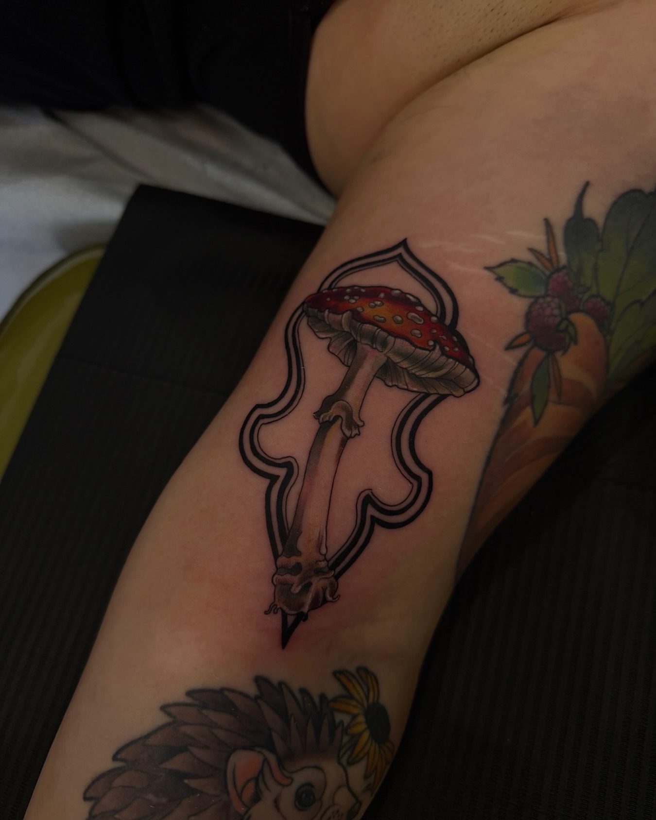 Mushroom American traditional tattoo on the forearm by Alyssa Shirkey