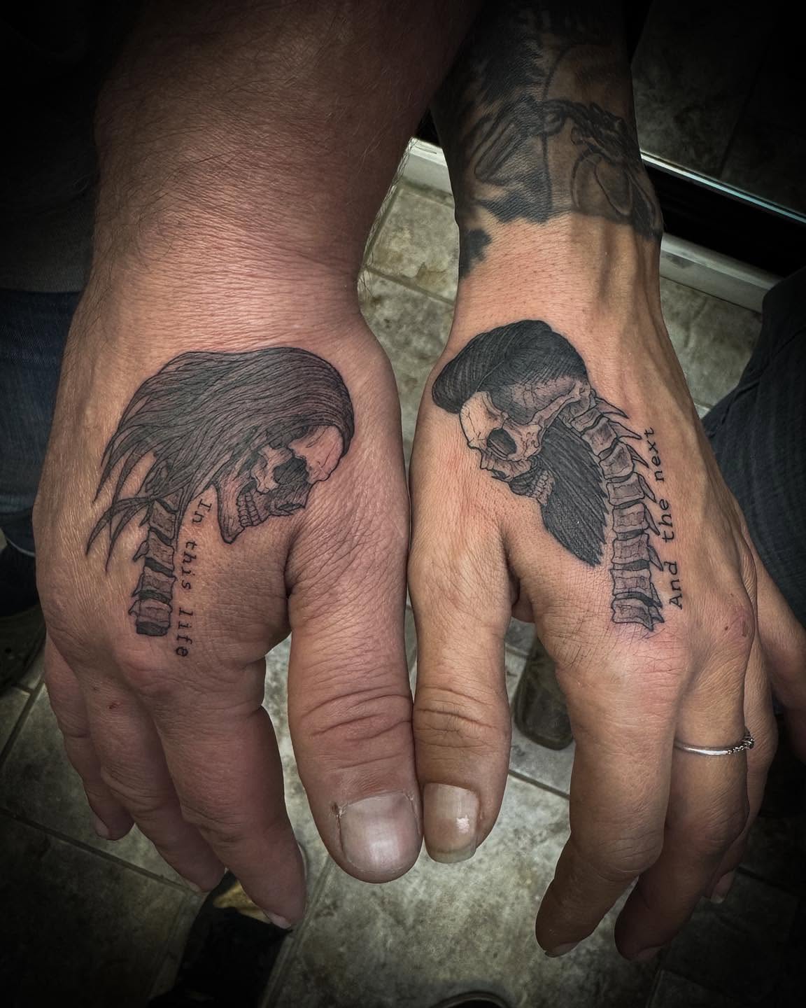 Skull with hair realism tattoo on the hand by 𝔻𝕖𝕣𝕣𝕚𝕔𝕜 𝔹𝕦𝕪𝕖𝕒, East Aurora, New York