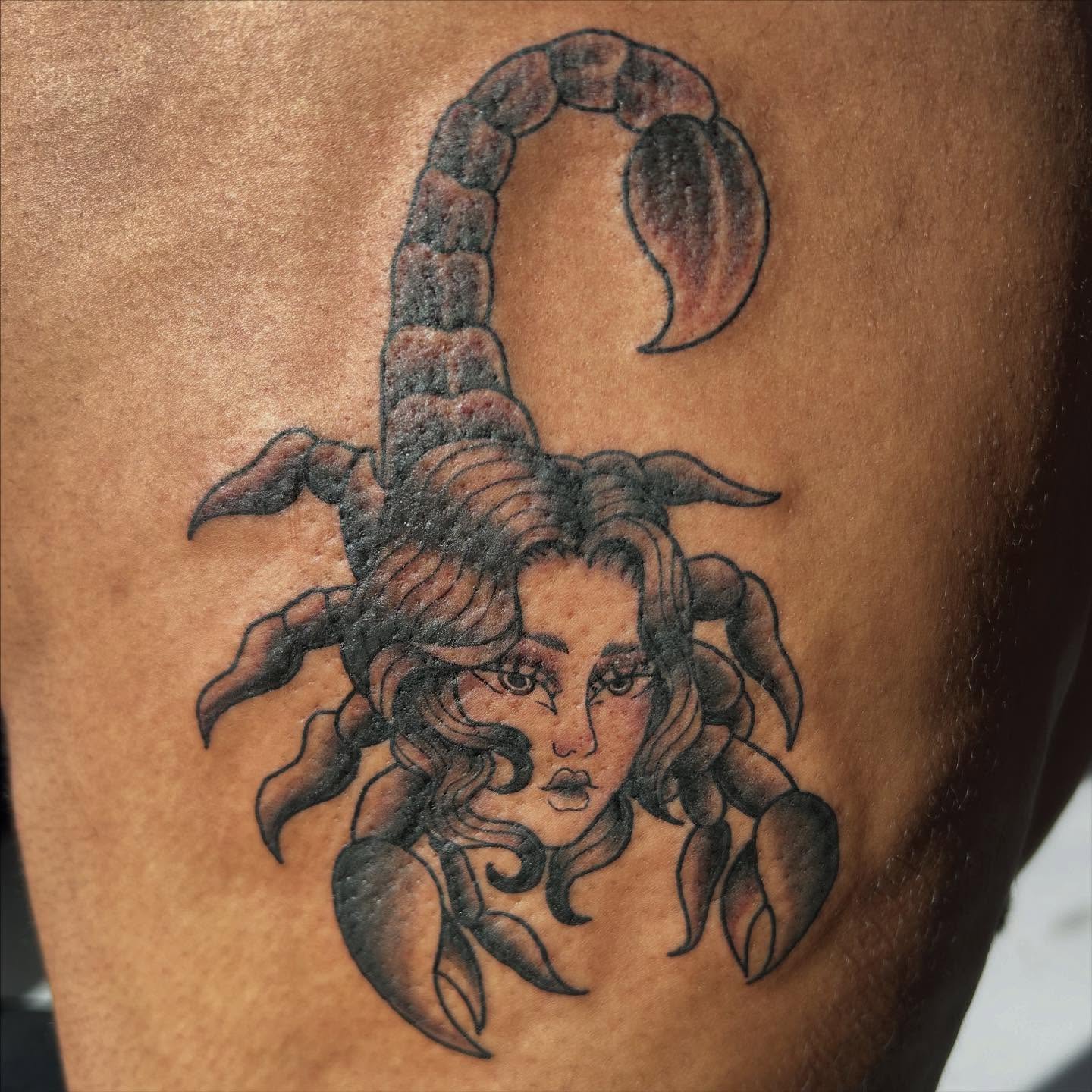 Scorpion woman realism tattoo on the thigh by Abby Watts, Columbus, Ohio