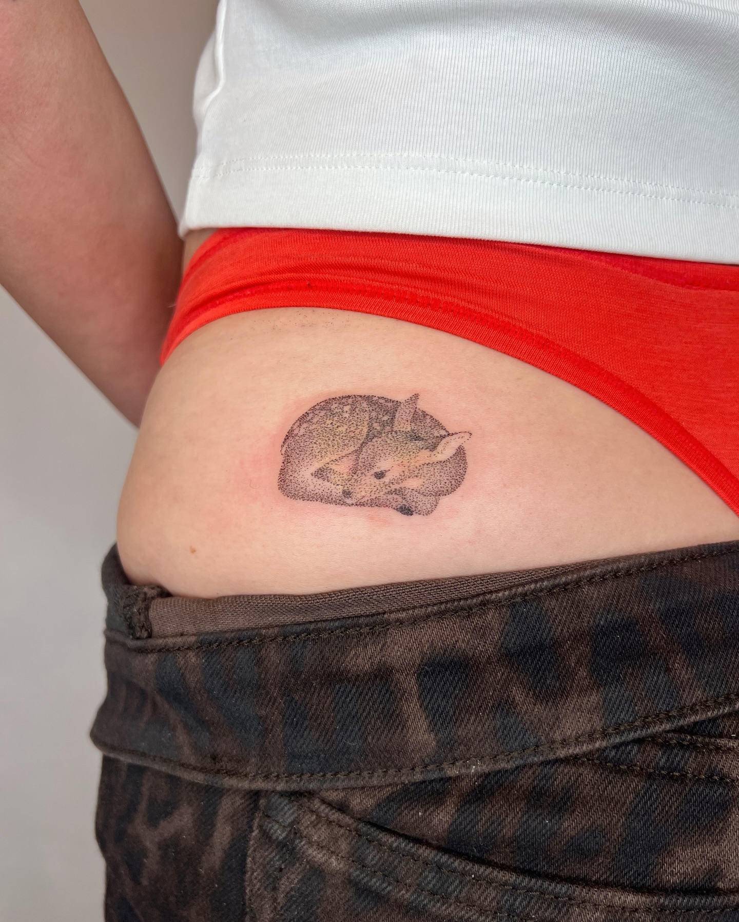 Sleeping fox black and grey tattoo on the thigh by kait ❃ hartman