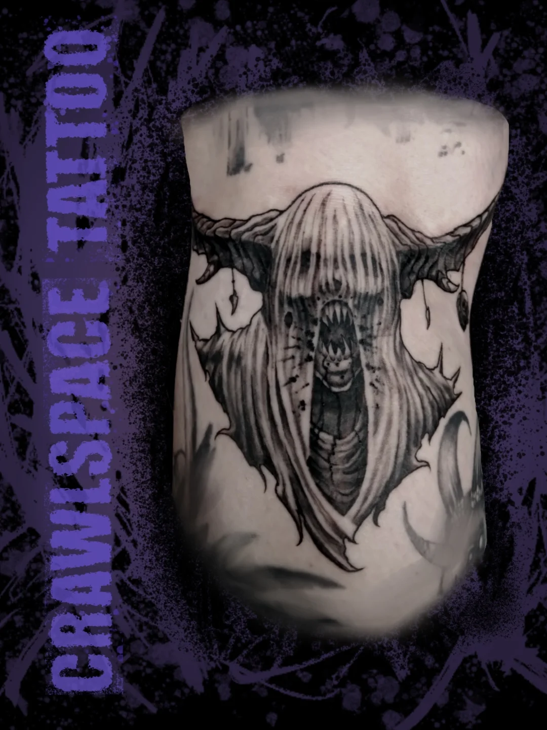 Tattoo by @crawlspace_tattoo — black_and_grey, dark_realism