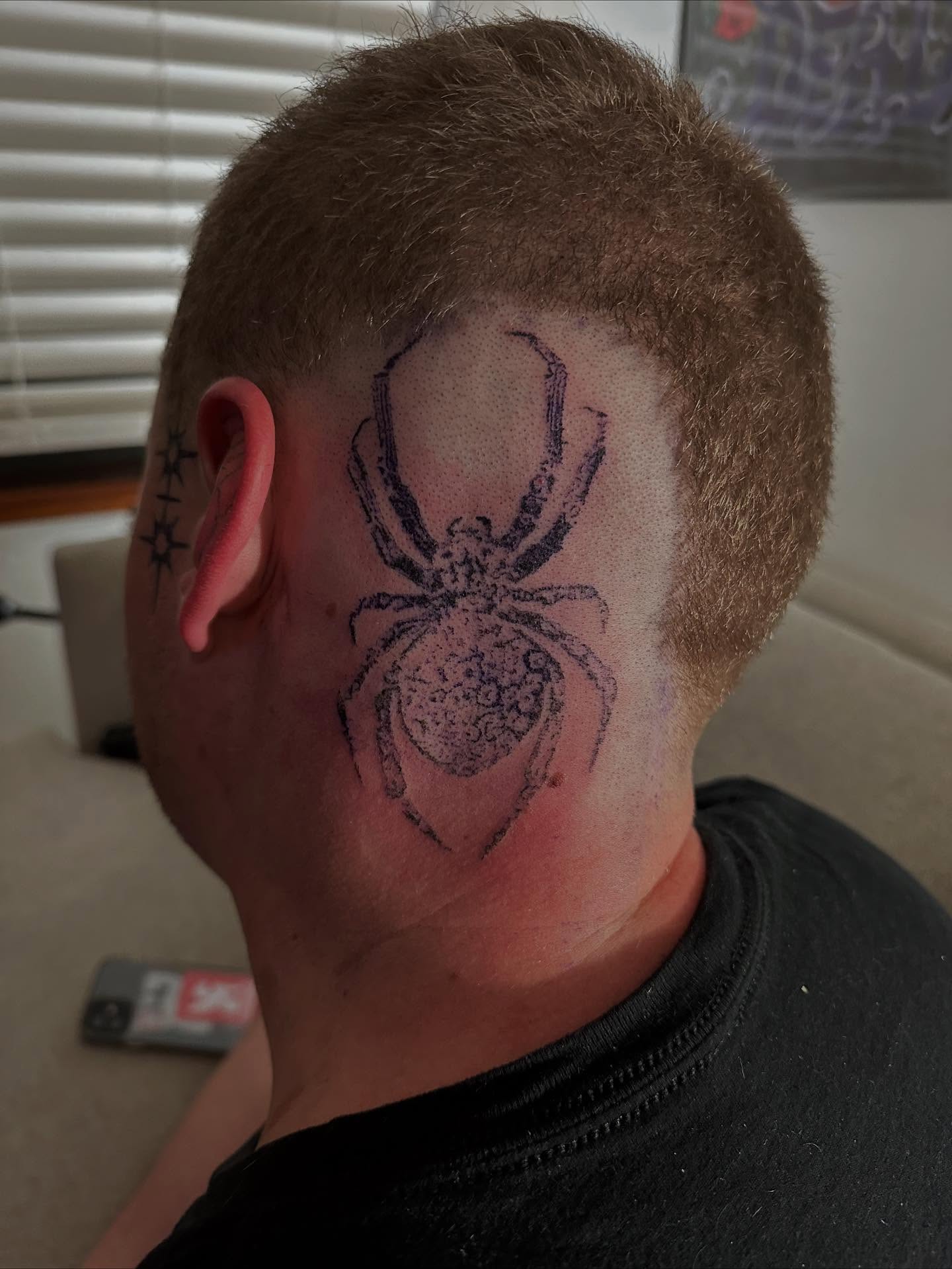 Spider dotwork tattoo on the neck by Swag Originator