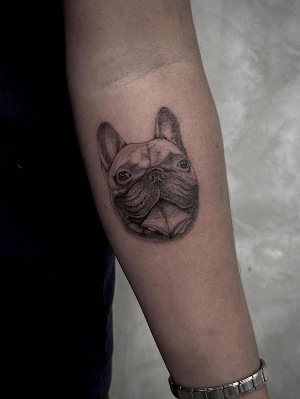 French bulldog realism tattoo on the forearm by Arhem Quiambao