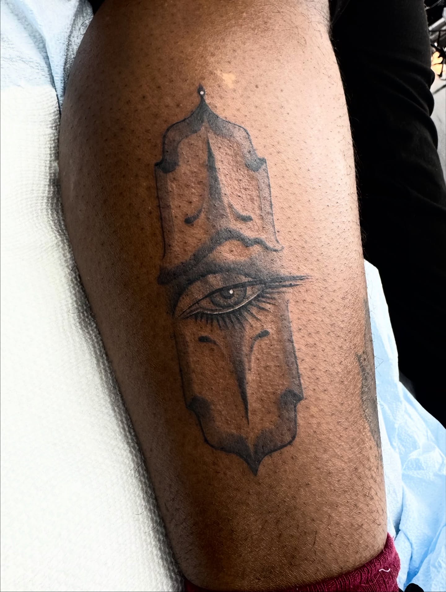 Eye with architectural frame black and grey tattoo on the thigh by πππππ¨π¨ ππ«ππ’π¬π