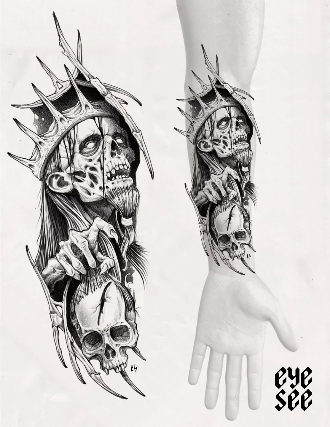 Skull and crown realism tattoo on the forearm by EyeSee Tattoos
