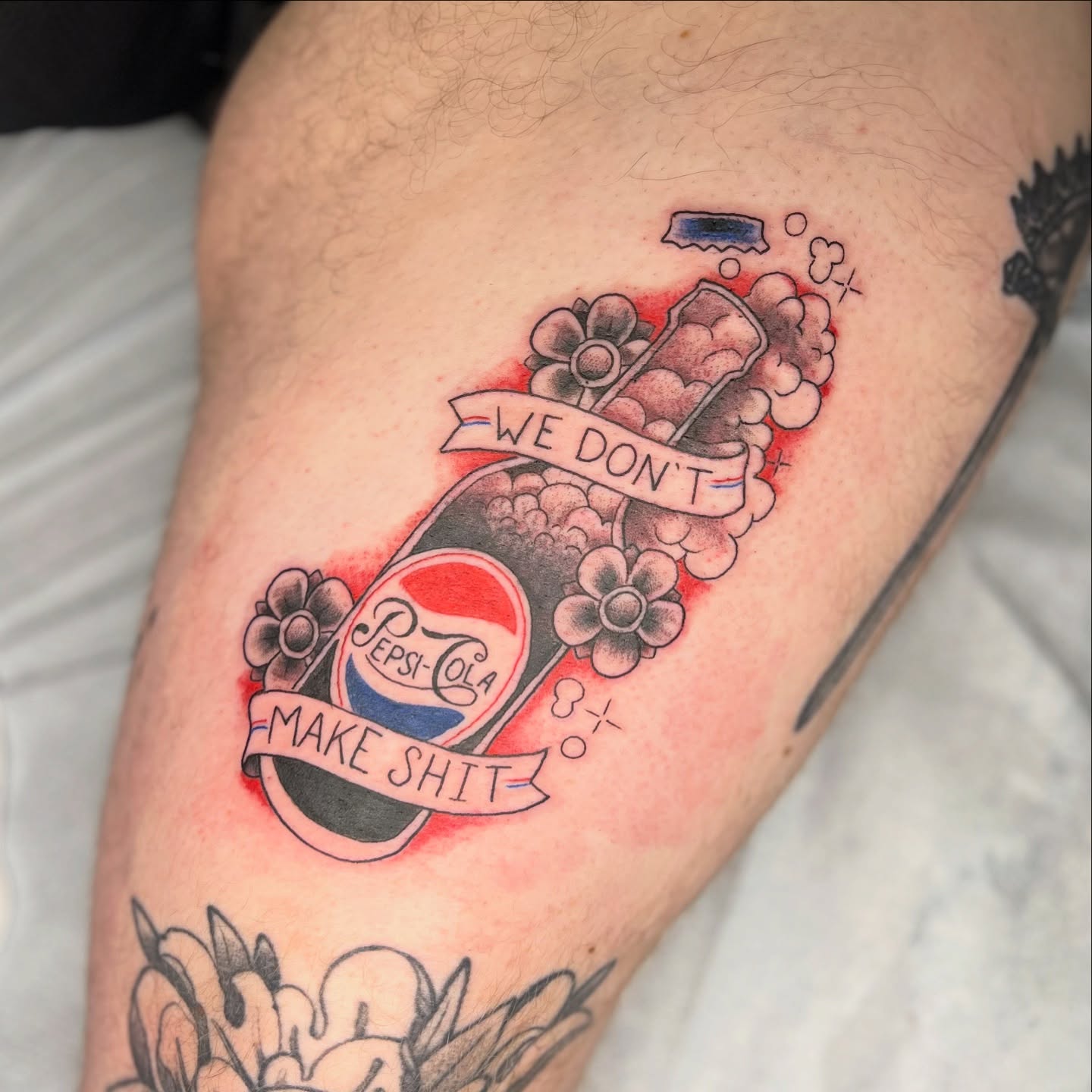 Pepsi-Cola bottle American traditional tattoo on the thigh by Alex Santaloci