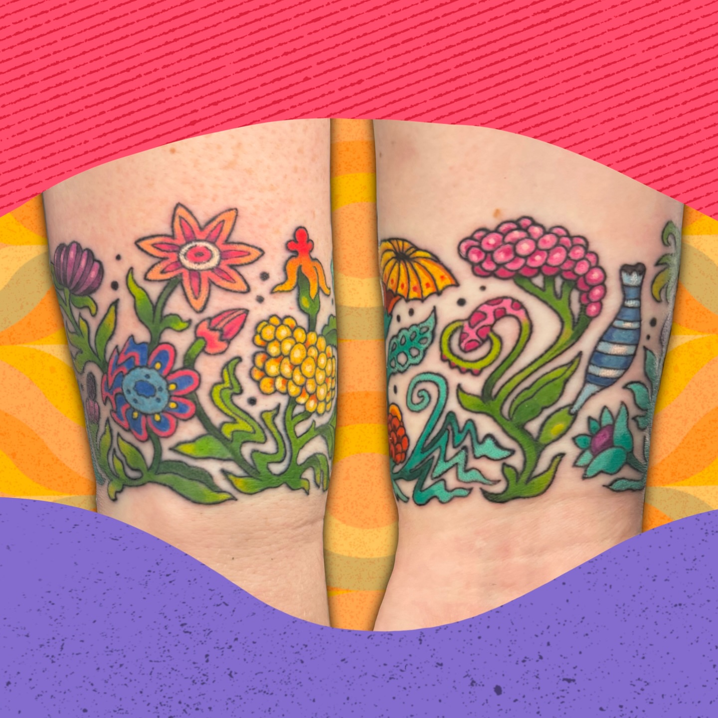 Floral arrangement new school tattoo on the forearm by π. ππππ, San Francisco, California