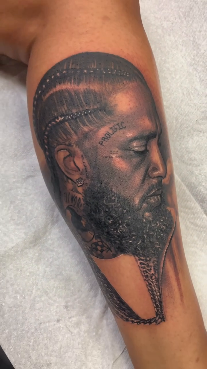 Portrait of Nipsey Hussle realism tattoo by Joshua ramirez, Montebello, California