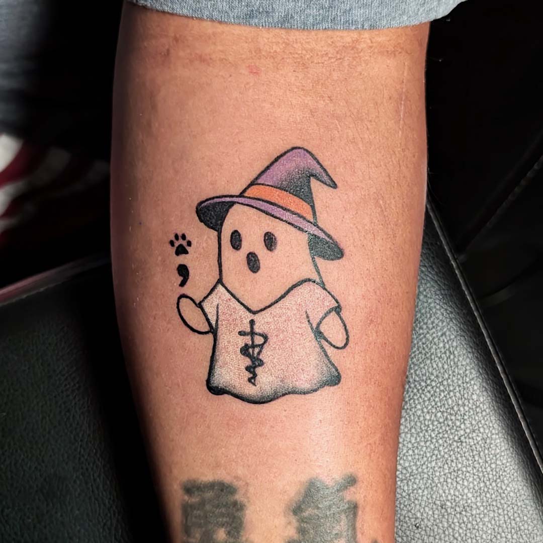 Ghost with witch hat dotwork tattoo on the forearm by Dave Chercourt, Willoughby, Ohio