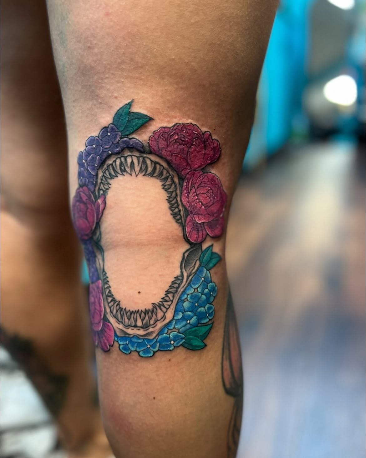 Floral skull new school tattoo on the forearm by Chelsea Nichole
