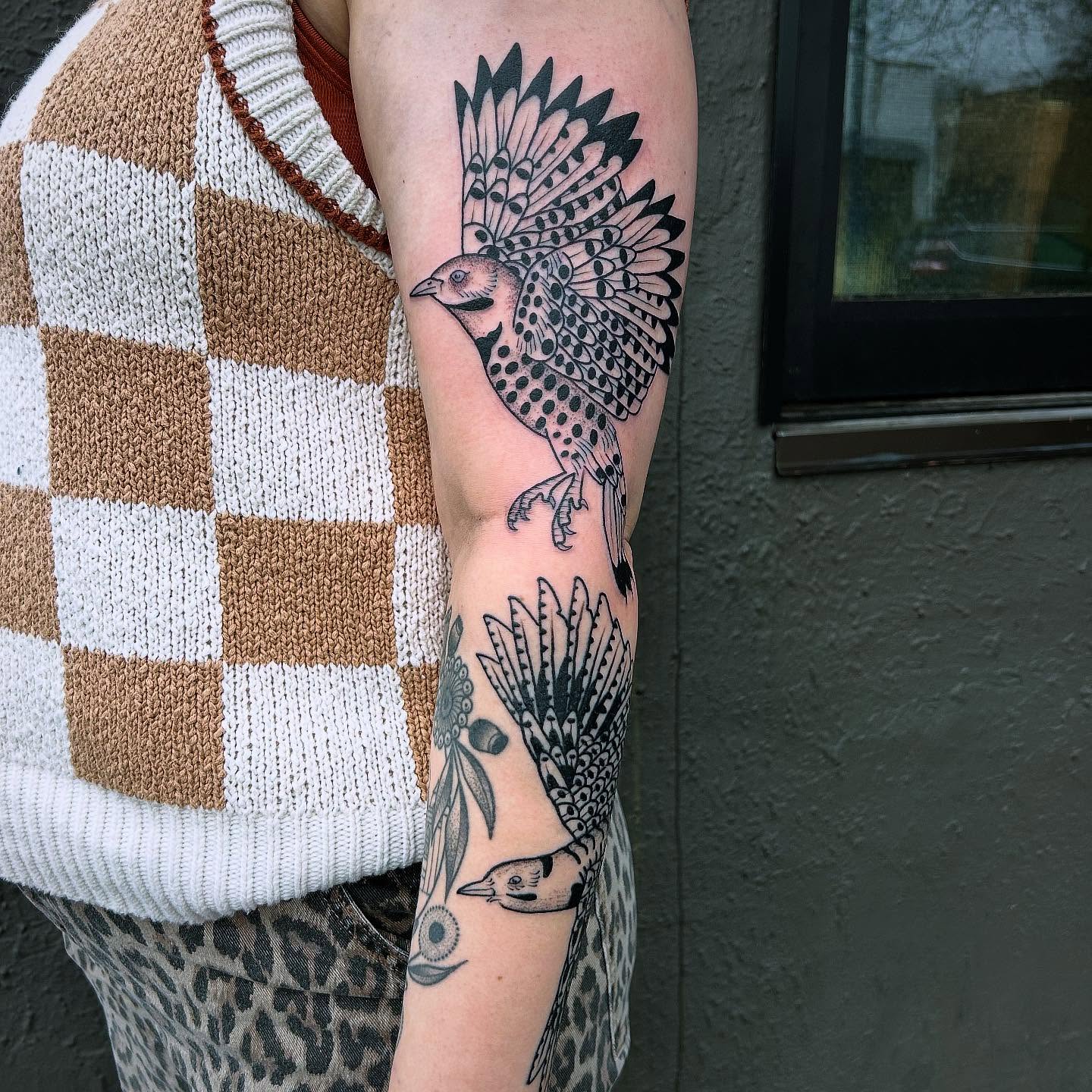 Bird dotwork tattoo on the forearm by Erica Finley