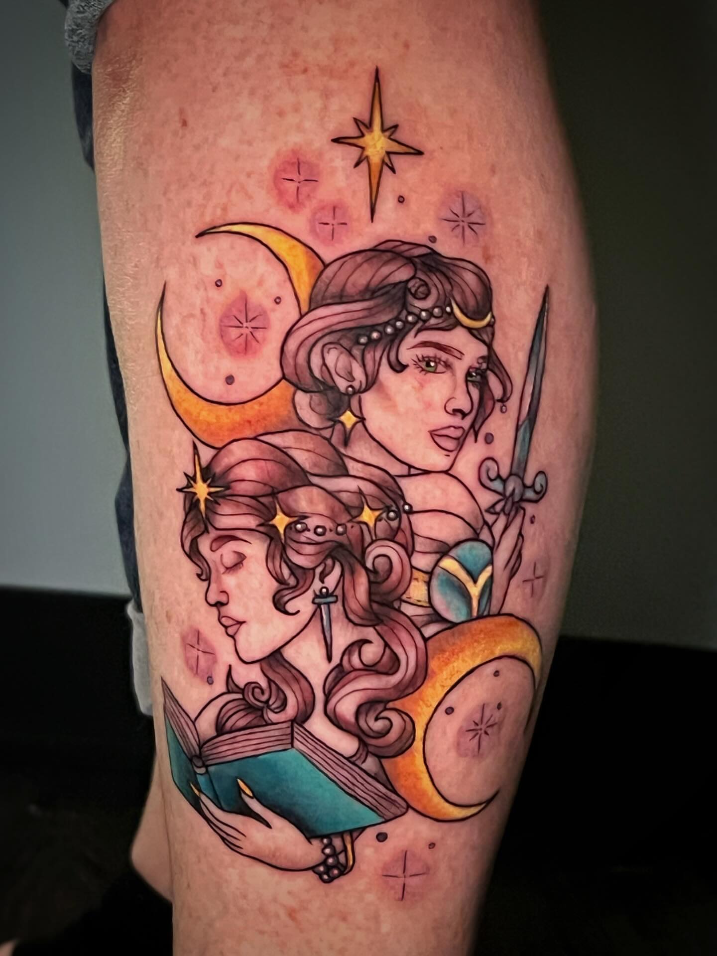 Mythical figures illustrative tattoo on the thigh by Michelle Pomerantz 🌼 Portland Tattoo Artist