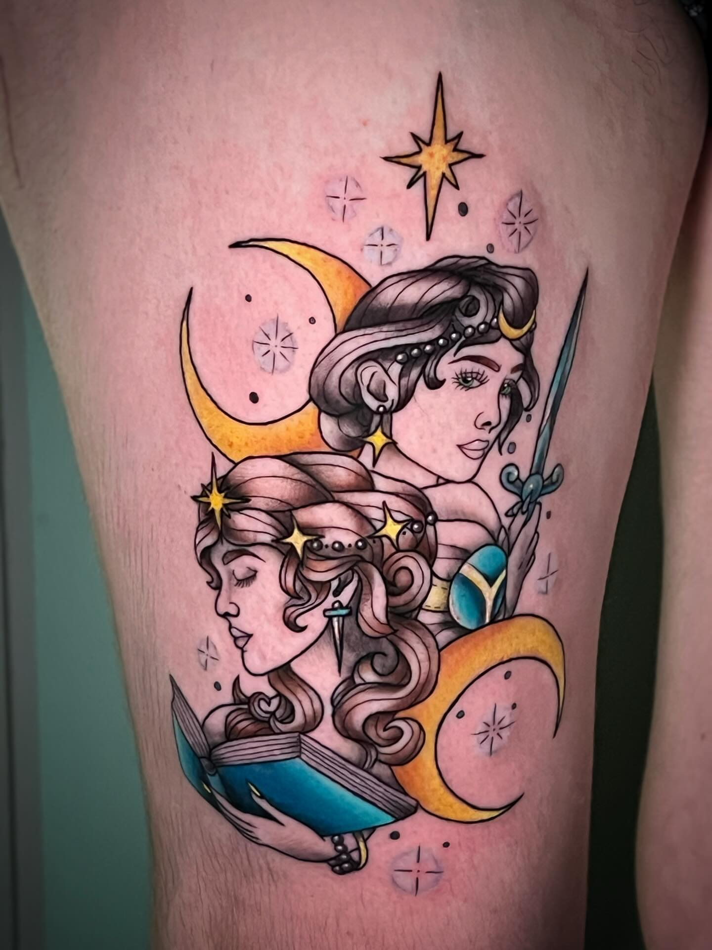Mythical characters illustrative tattoo on the thigh by Michelle Pomerantz 🌼 Portland Tattoo Artist