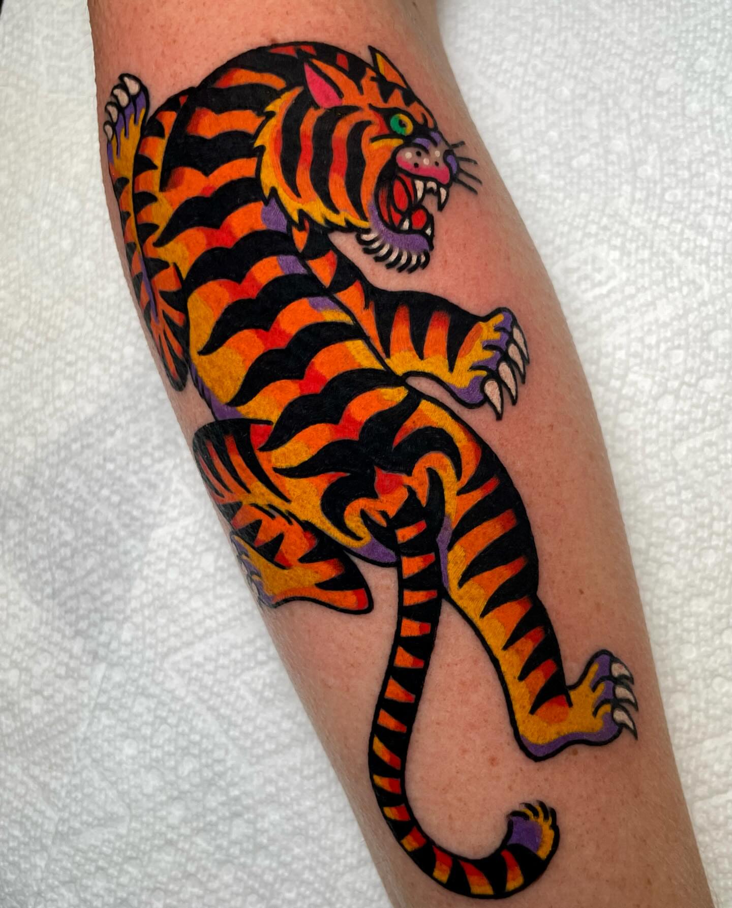 Tiger American traditional tattoo on the forearm by Ryan McDonald