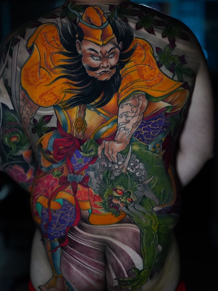 Warrior and dragon japanese irezumi tattoo on the back by Grego Hernandez, Miami, Florida