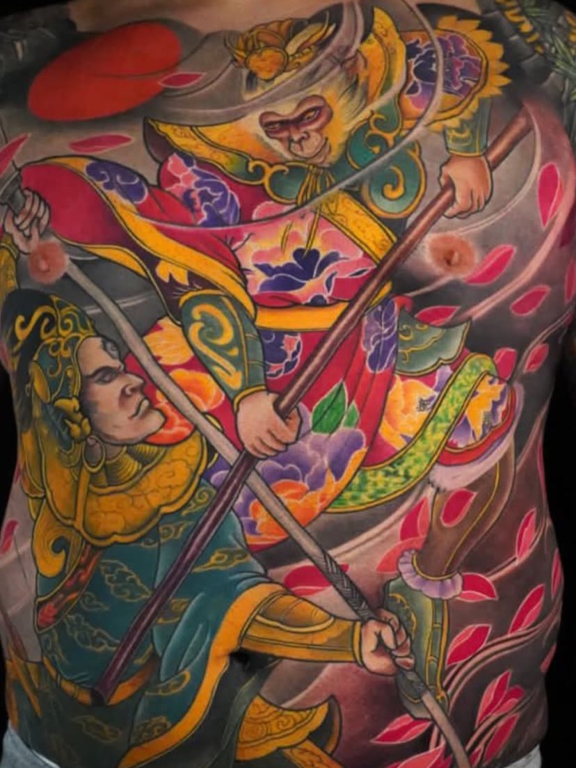 Warrior and monkey japanese irezumi tattoo on the back by Grego Hernandez, Miami, Florida