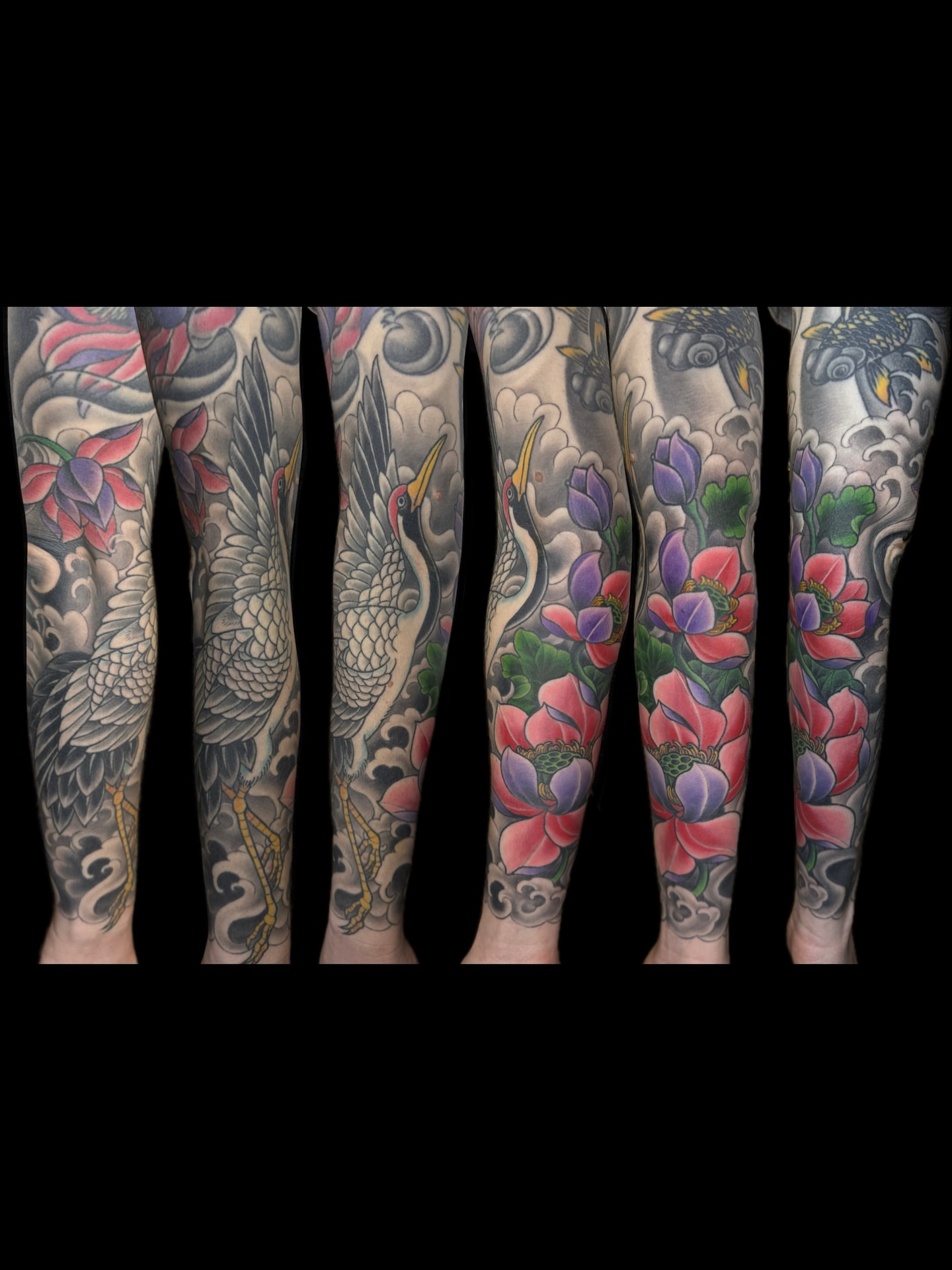 Cranes and lotus flowers japanese irezumi tattoo on the forearm by Anna Wall