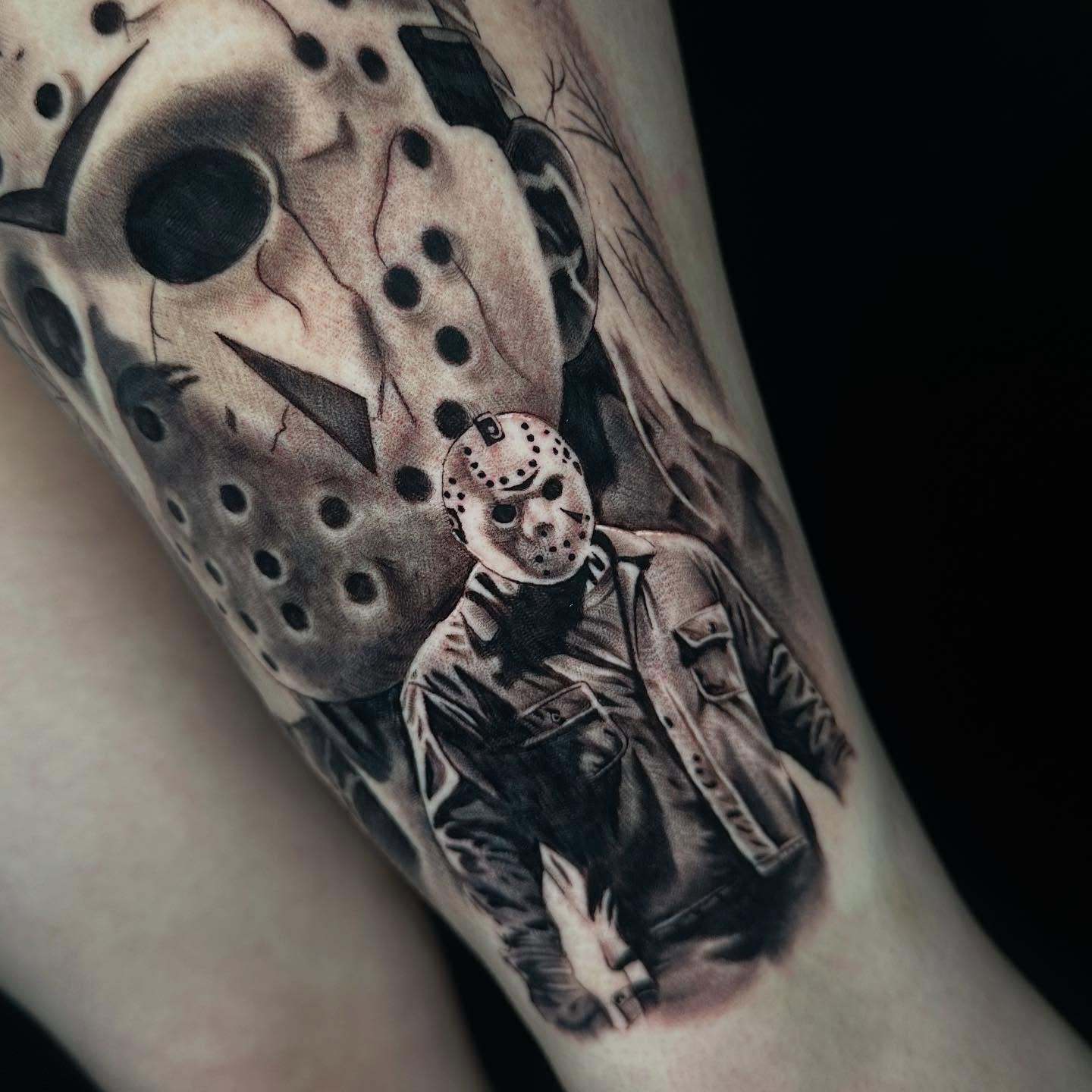 Jason voorhees realism tattoo on the forearm by Angela Azure