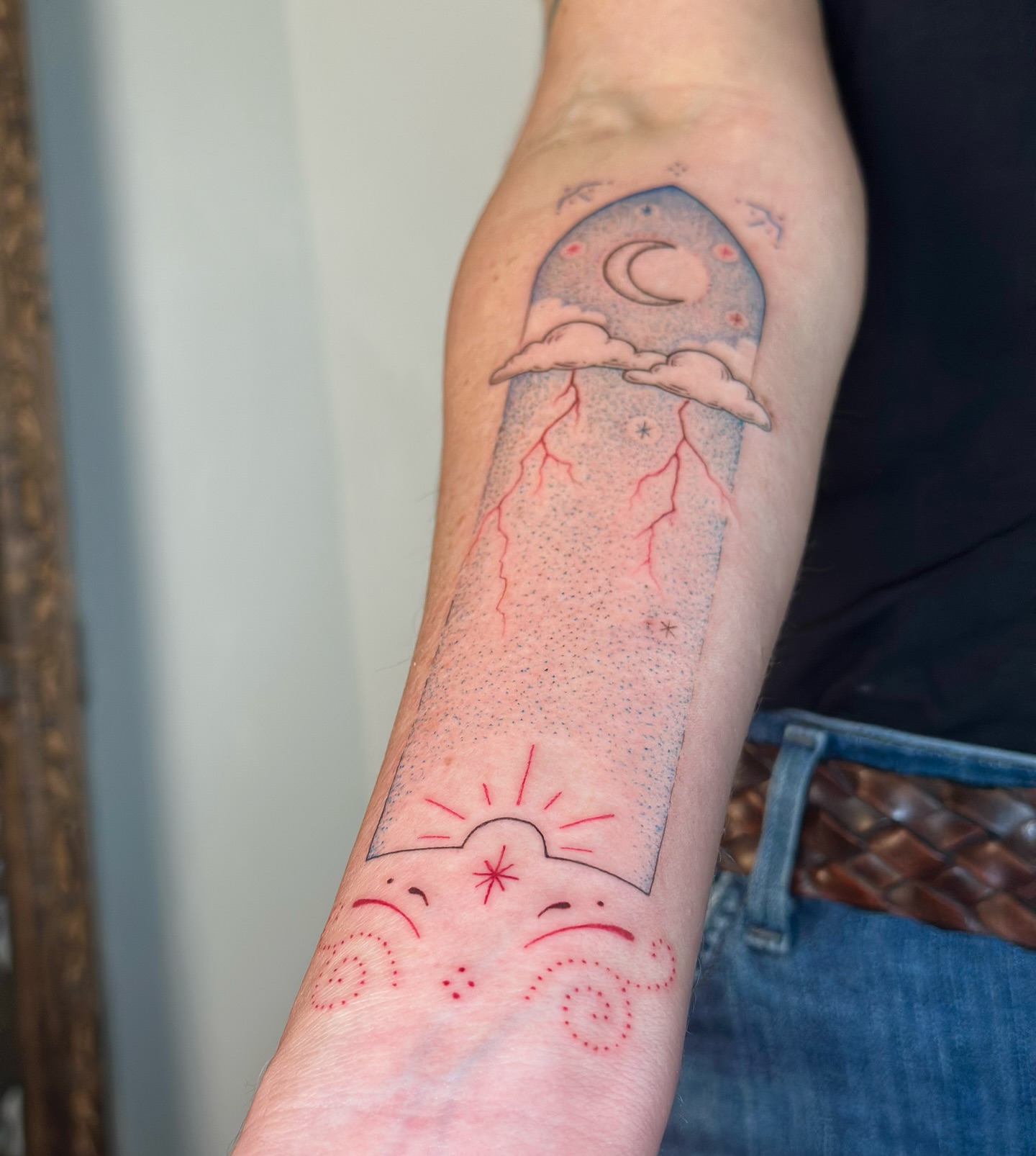 Space rocket dotwork tattoo on the forearm by Santiago Don, Portland, Oregon