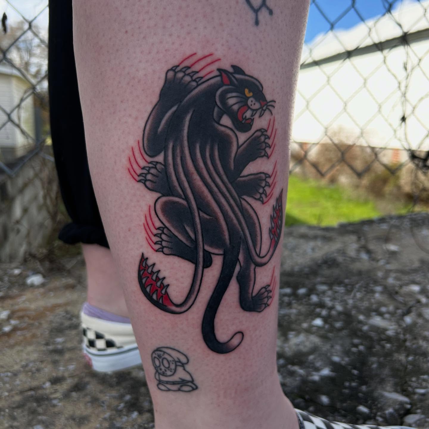 Panther American traditional tattoo on the thigh by Bregan ✨