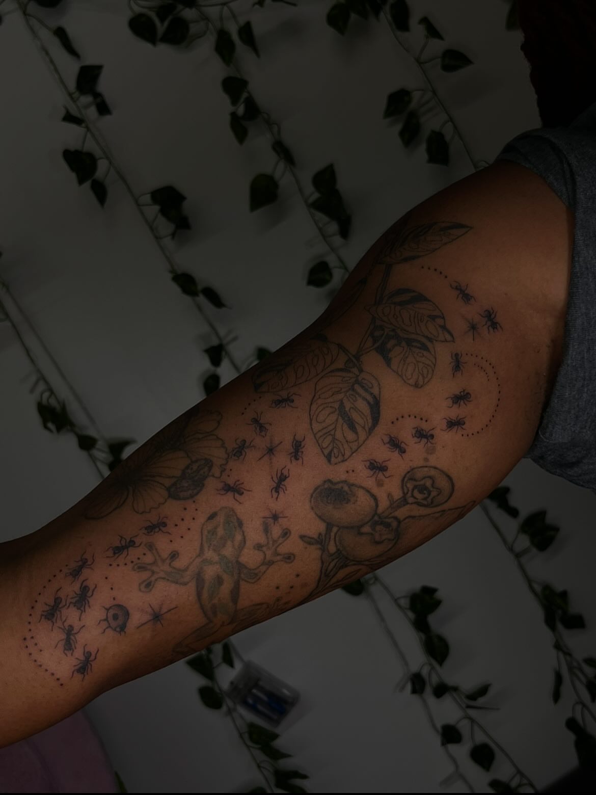 Insects and leaves dotwork tattoo on the forearm by Luna 🌙