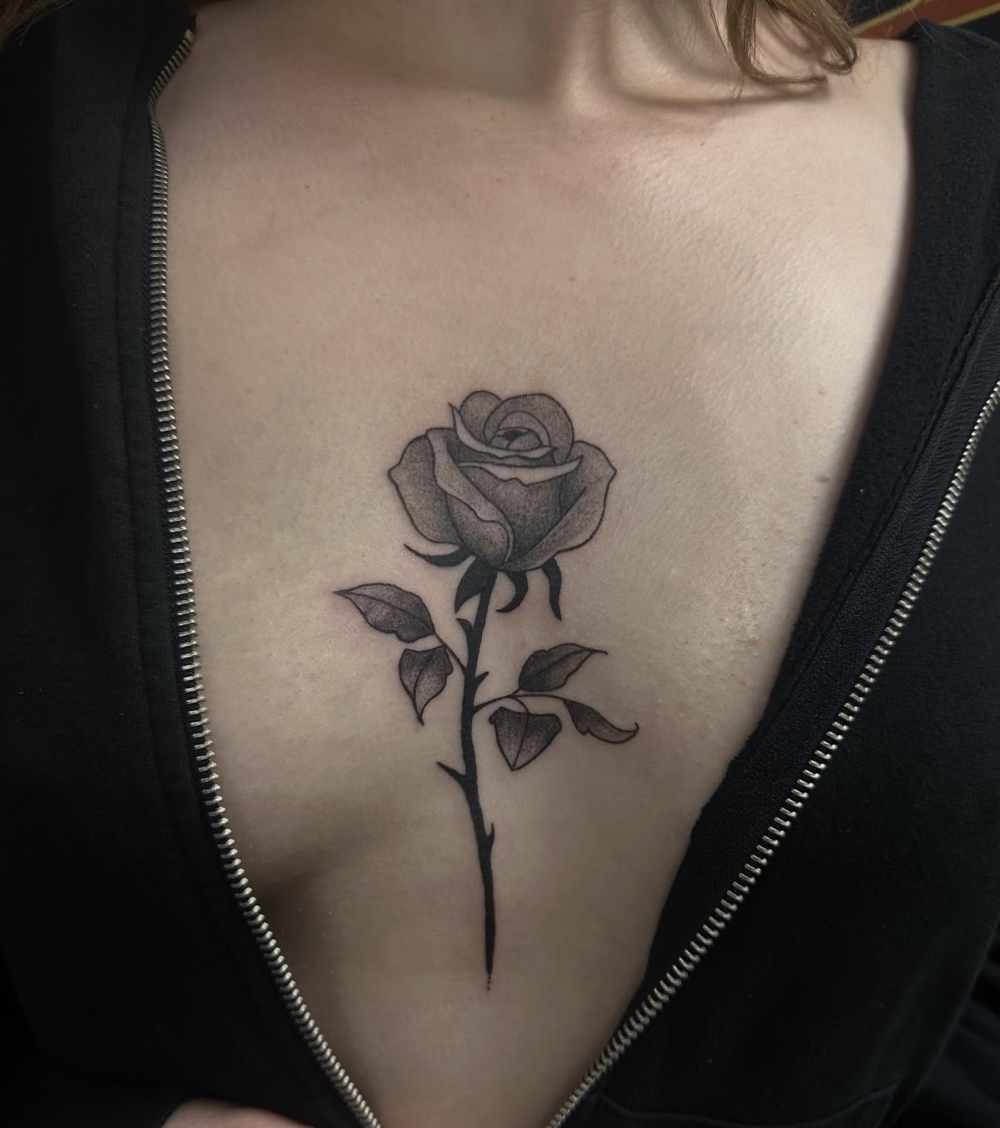Rose dotwork tattoo on the chest by Cherry Tats🍒