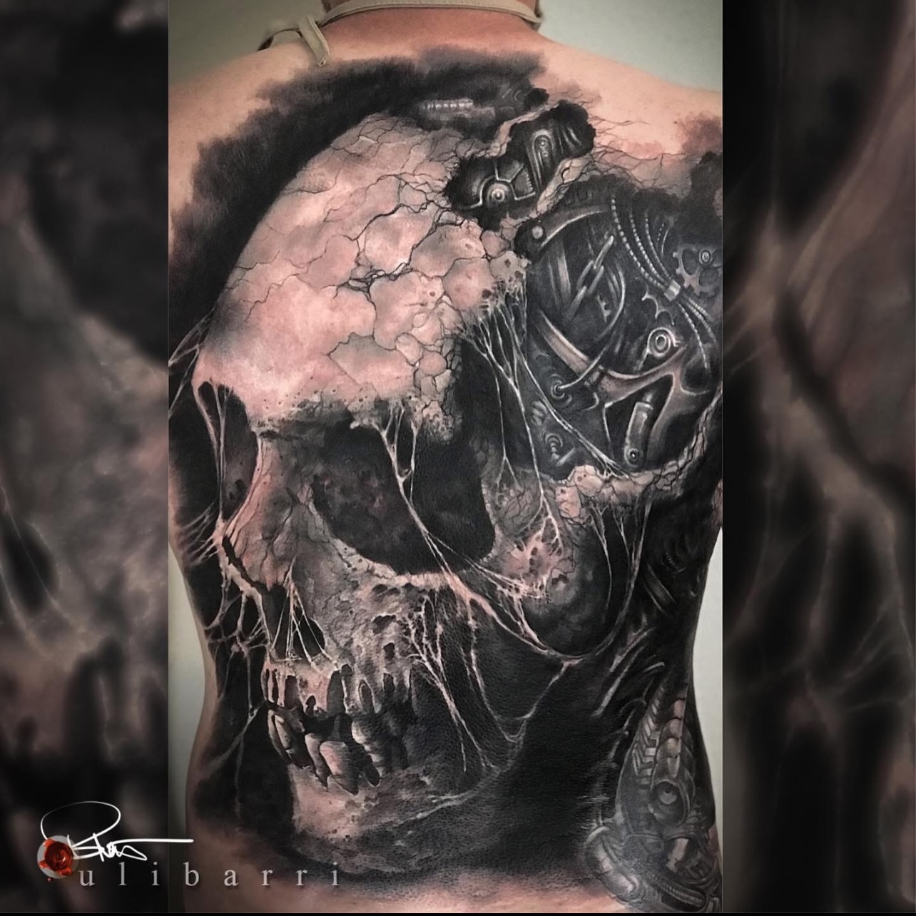 Skull dark realism tattoo on the back by Brian Ulibarri