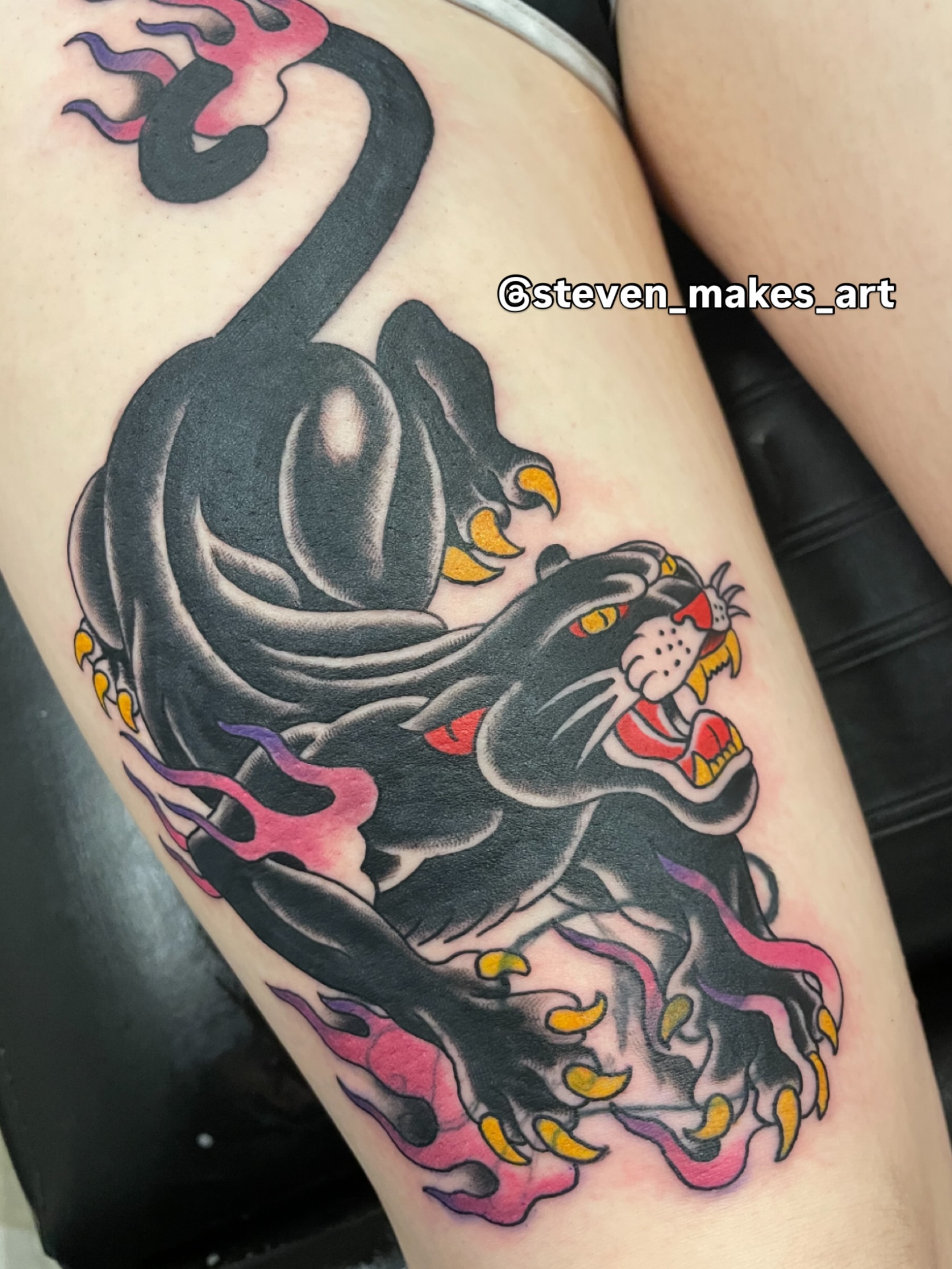 Panther American traditional tattoo on the thigh by Steven Hodges