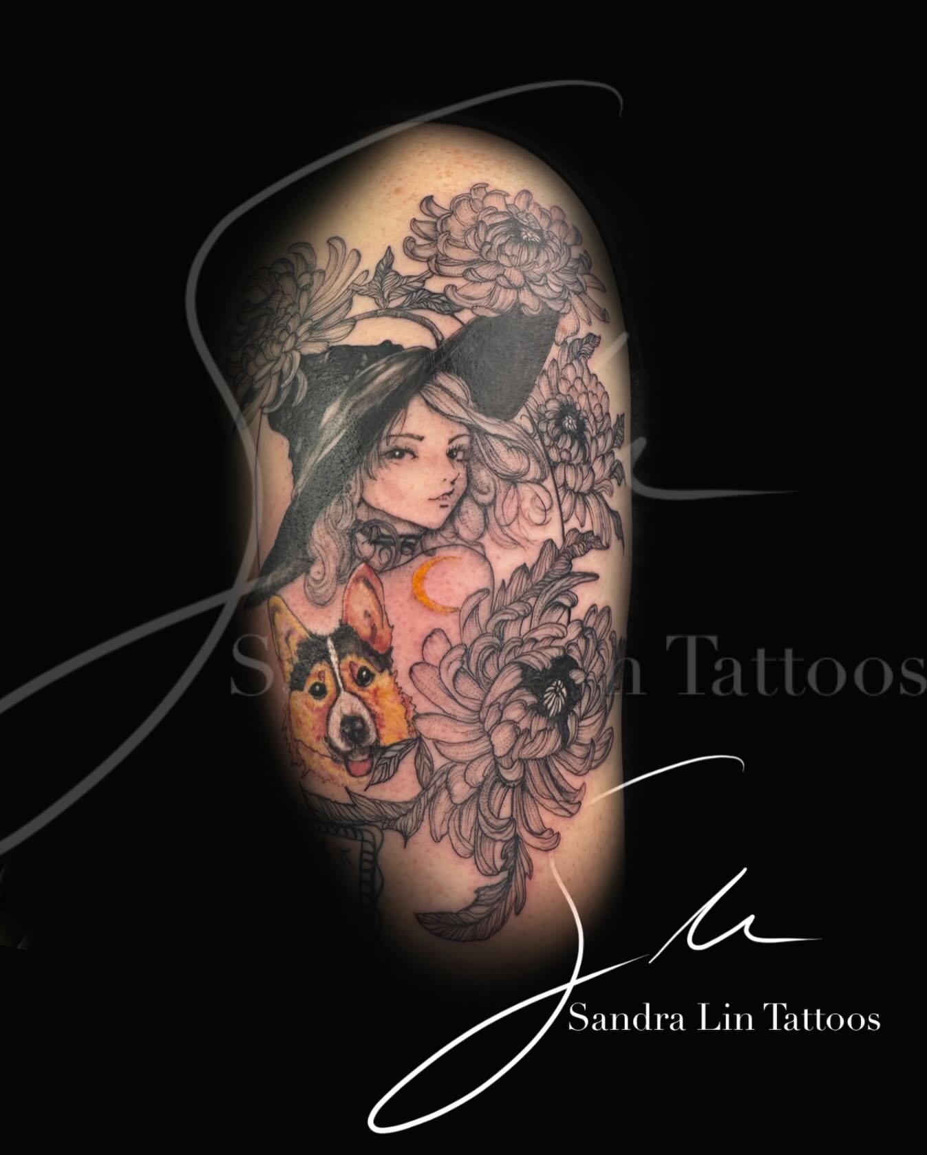 Woman with dog and flowers realism tattoo on the forearm by Sandra Lin Cue