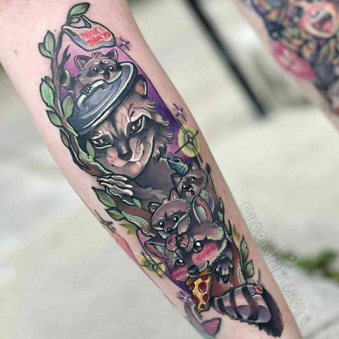Raccoons new school tattoo on the forearm by 𝓑𝓾𝓷𝓷𝔂 𝓓. 𝓥𝓪𝓷𝓒𝓸𝓮𝓿𝓮𝓻𝓲𝓷𝓰