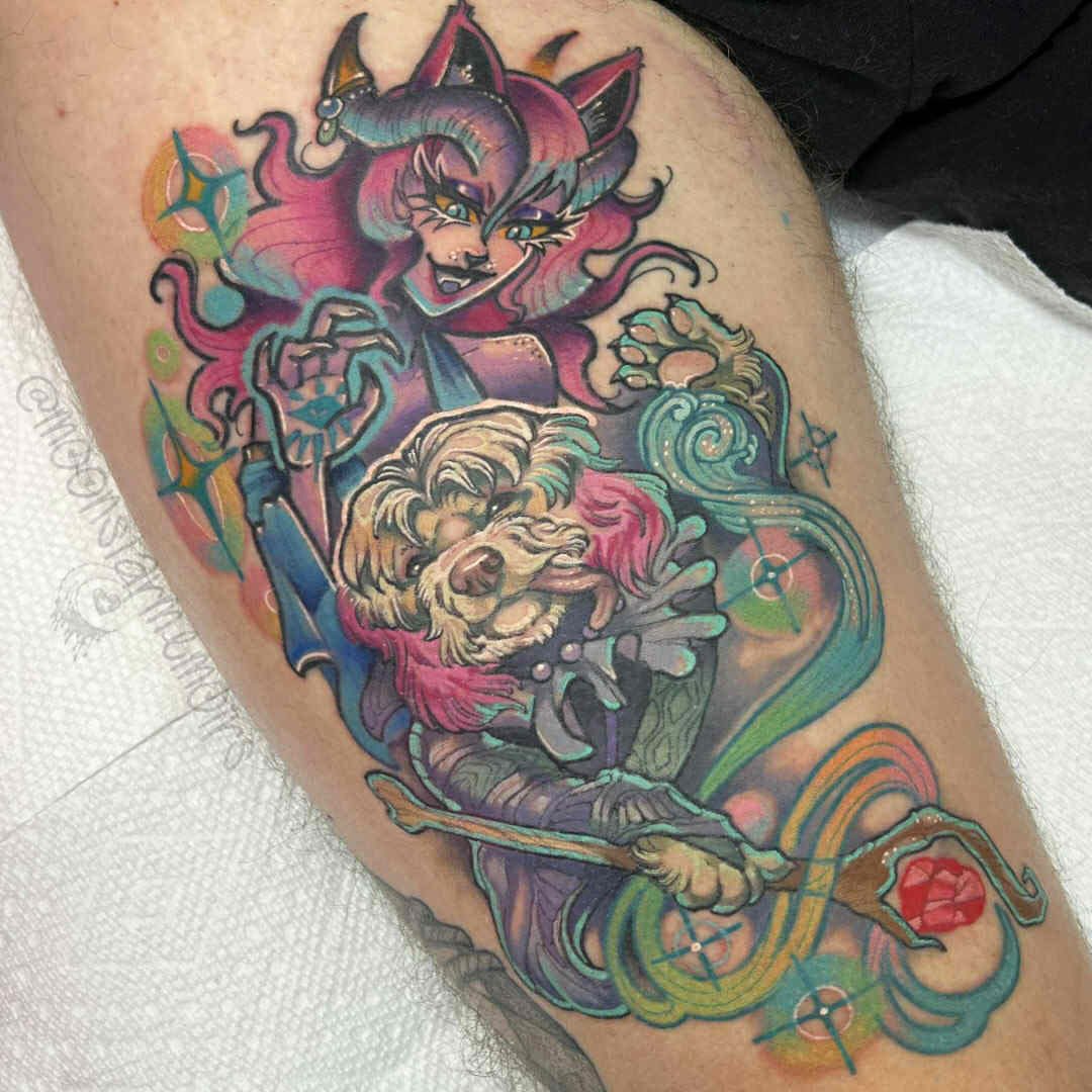 Demon and dog new school tattoo on the thigh by 𝓑𝓾𝓷𝓷𝔂 𝓓. 𝓥𝓪𝓷𝓒𝓸𝓮𝓿𝓮𝓻𝓲𝓷𝓰