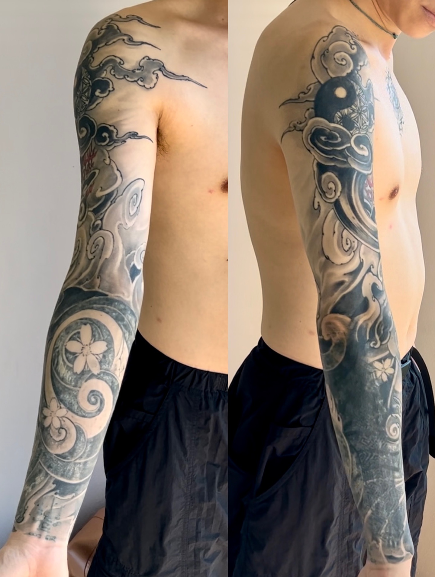 Clouds and floral patterns japanese irezumi tattoo on the upper arm by 睿刺造物