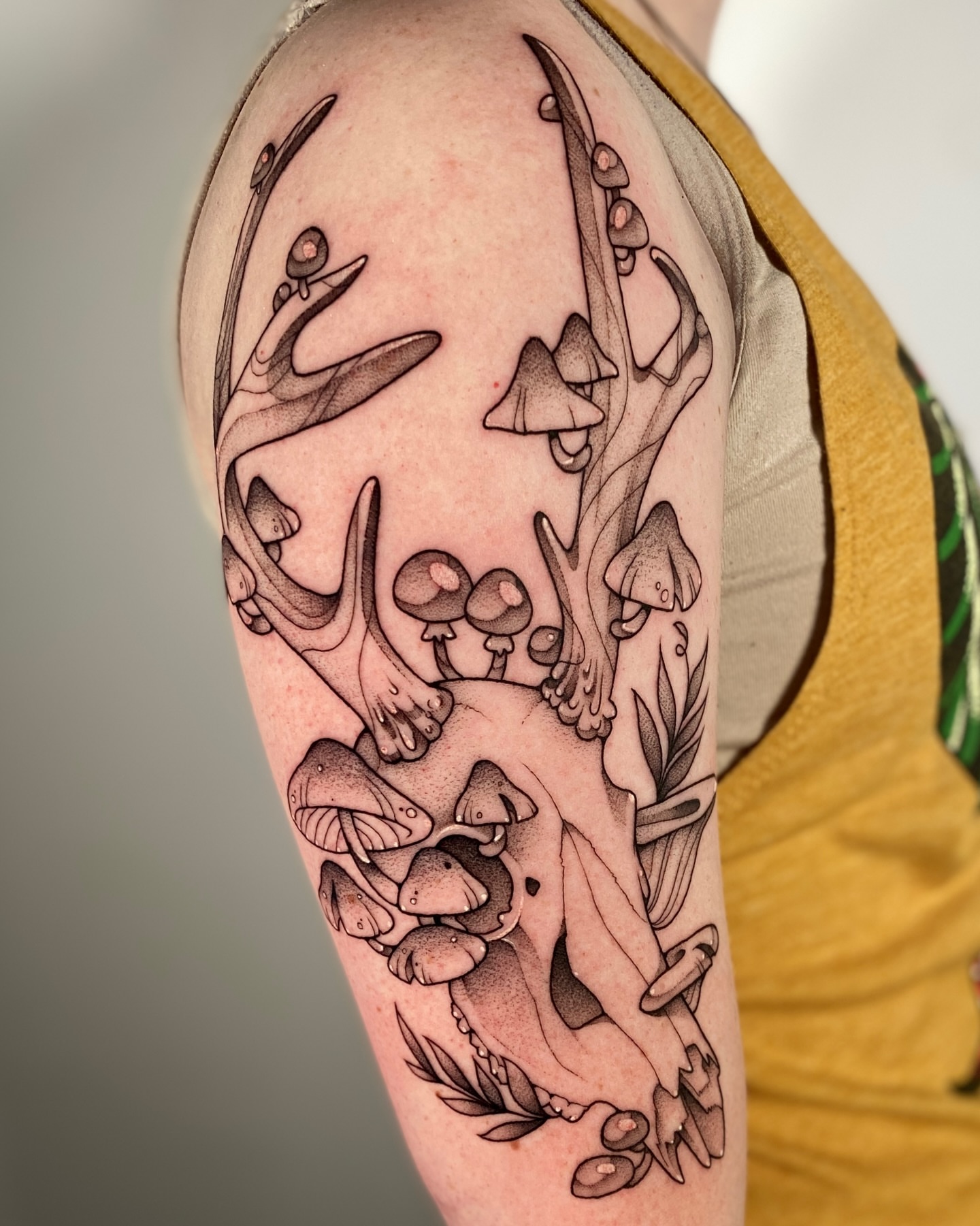 Mushrooms and antlers dotwork tattoo on the forearm by Connor🍄🏳️‍⚧️