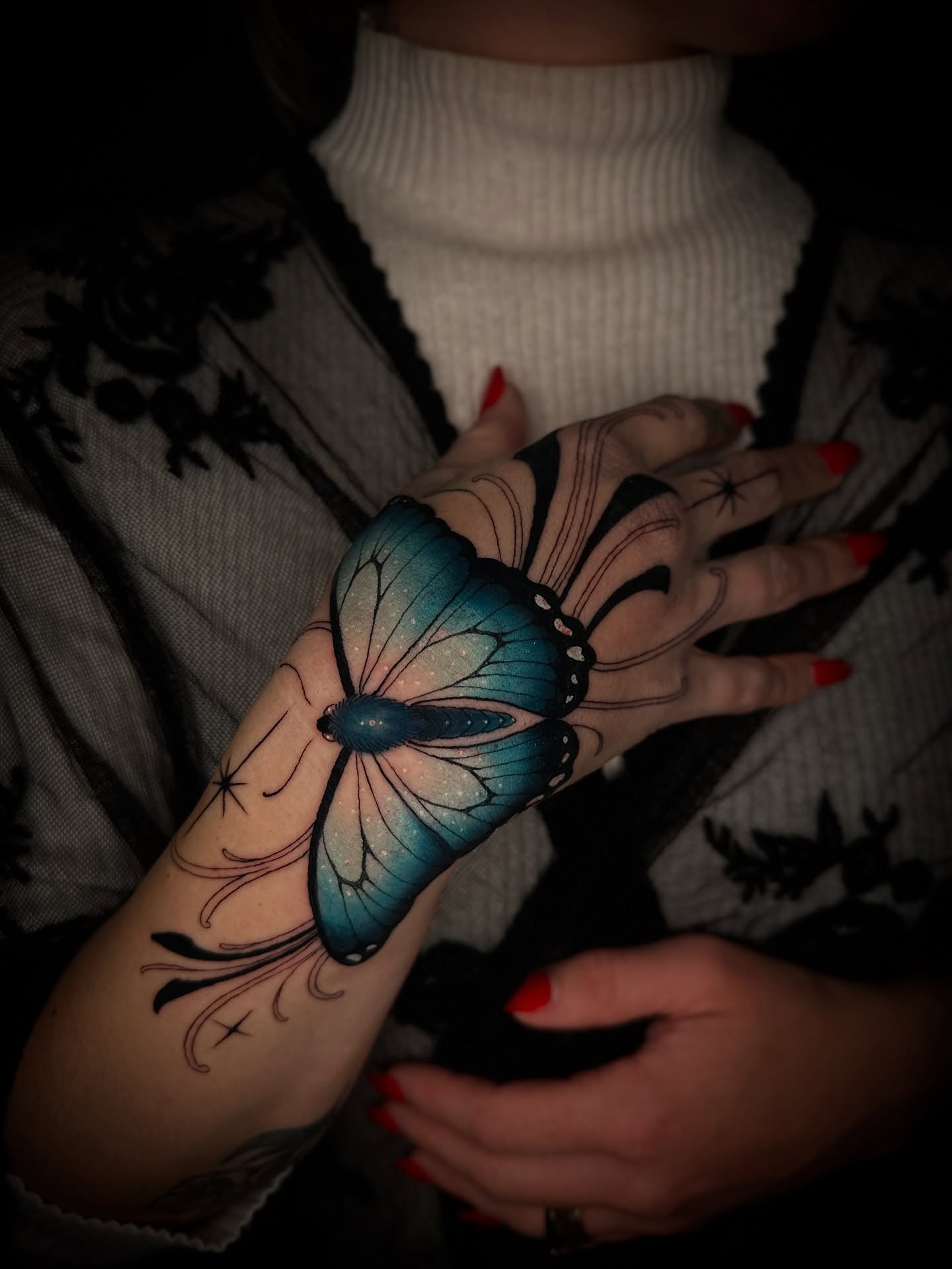 Butterfly dotwork tattoo on the forearm by Rebecca Joy ❋ Tattoo Artist