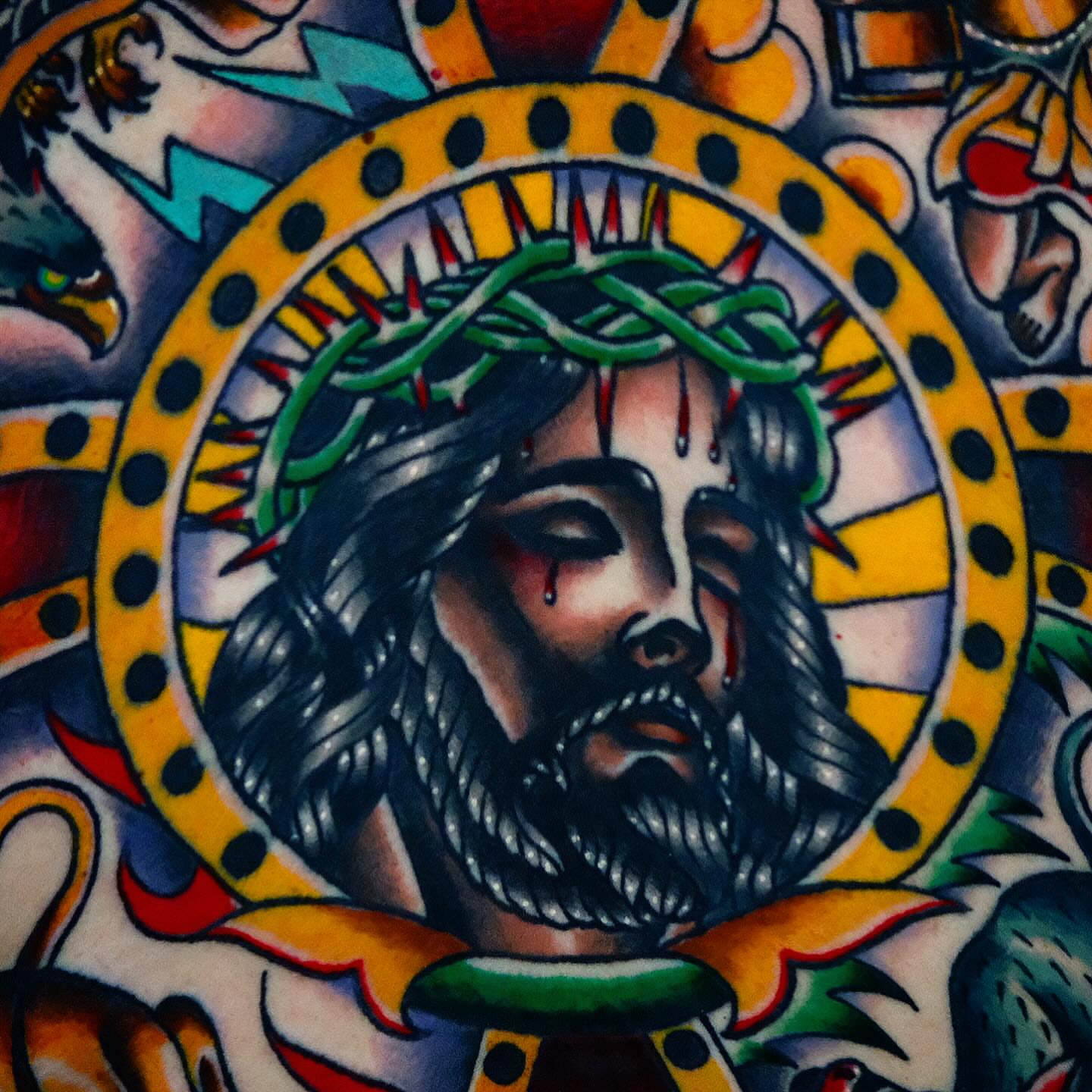 Jesus christ American traditional tattoo by Don Boos Tattoos