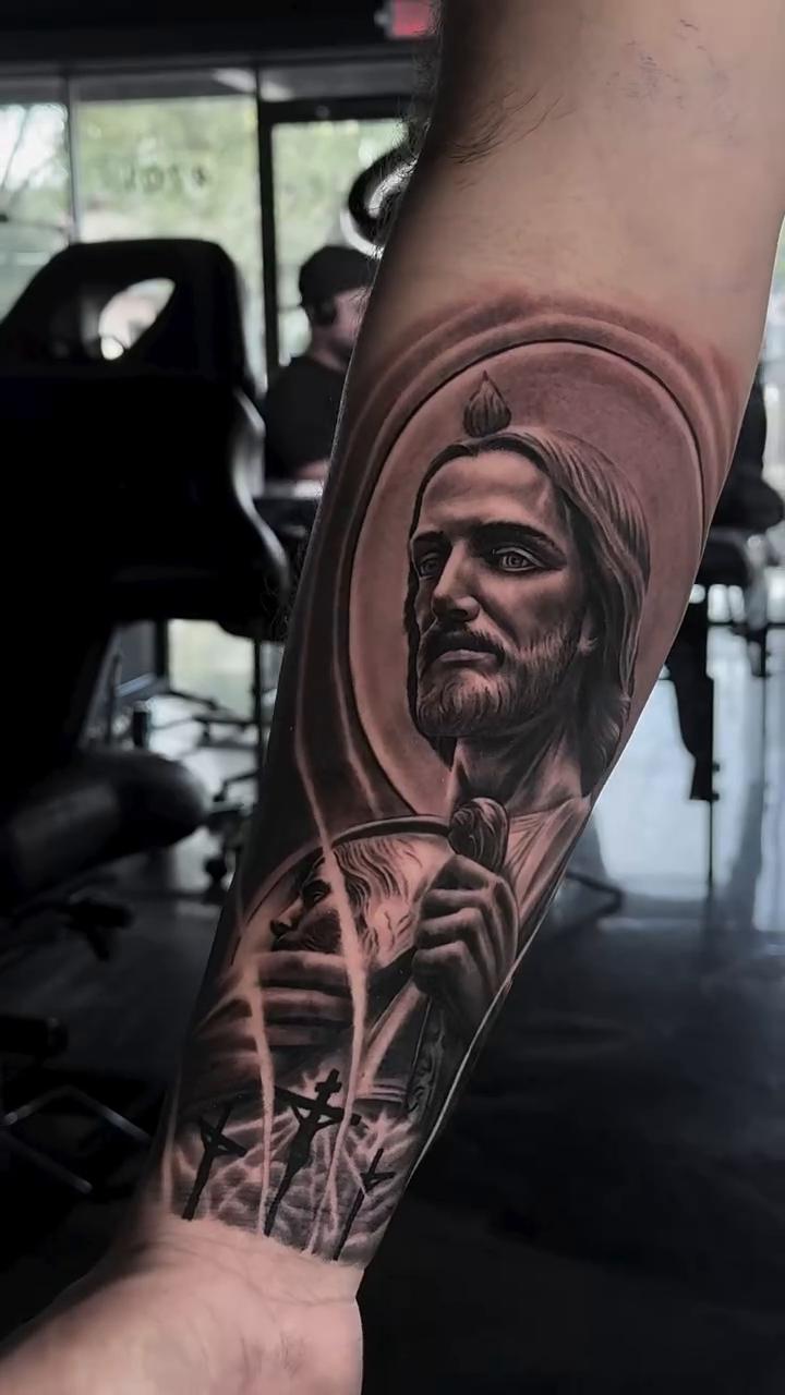 Jesus Christ portrait realism tattoo by Michael Sosa