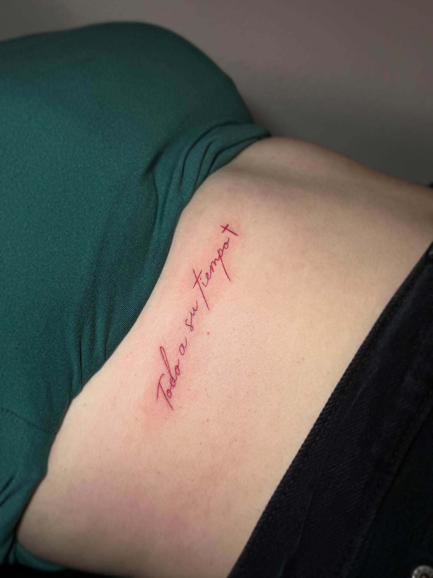 Script lettering lettering script tattoo on the thigh by abbie michelle