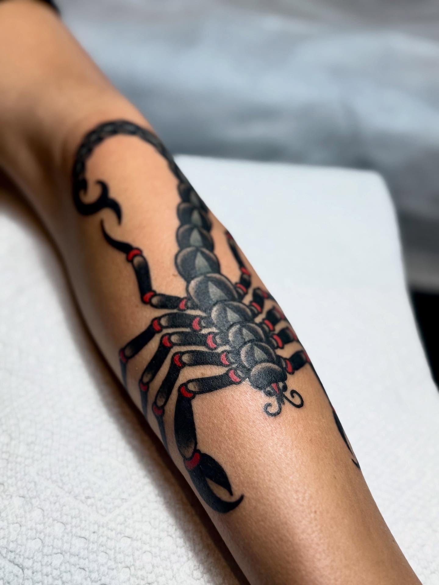 Scorpion American traditional tattoo on the forearm by San Diego tattoo artist