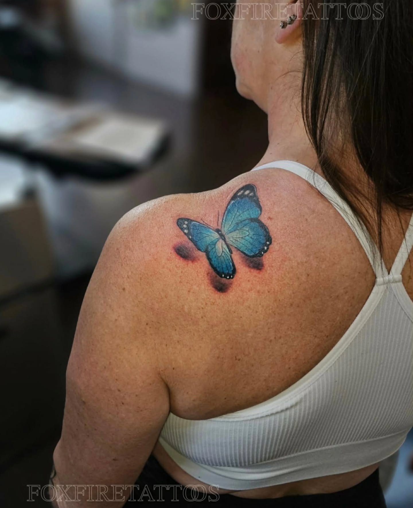 Butterfly realism tattoo on the shoulder by Lindsey Chevalier - KCMO TATTOO ARTIST