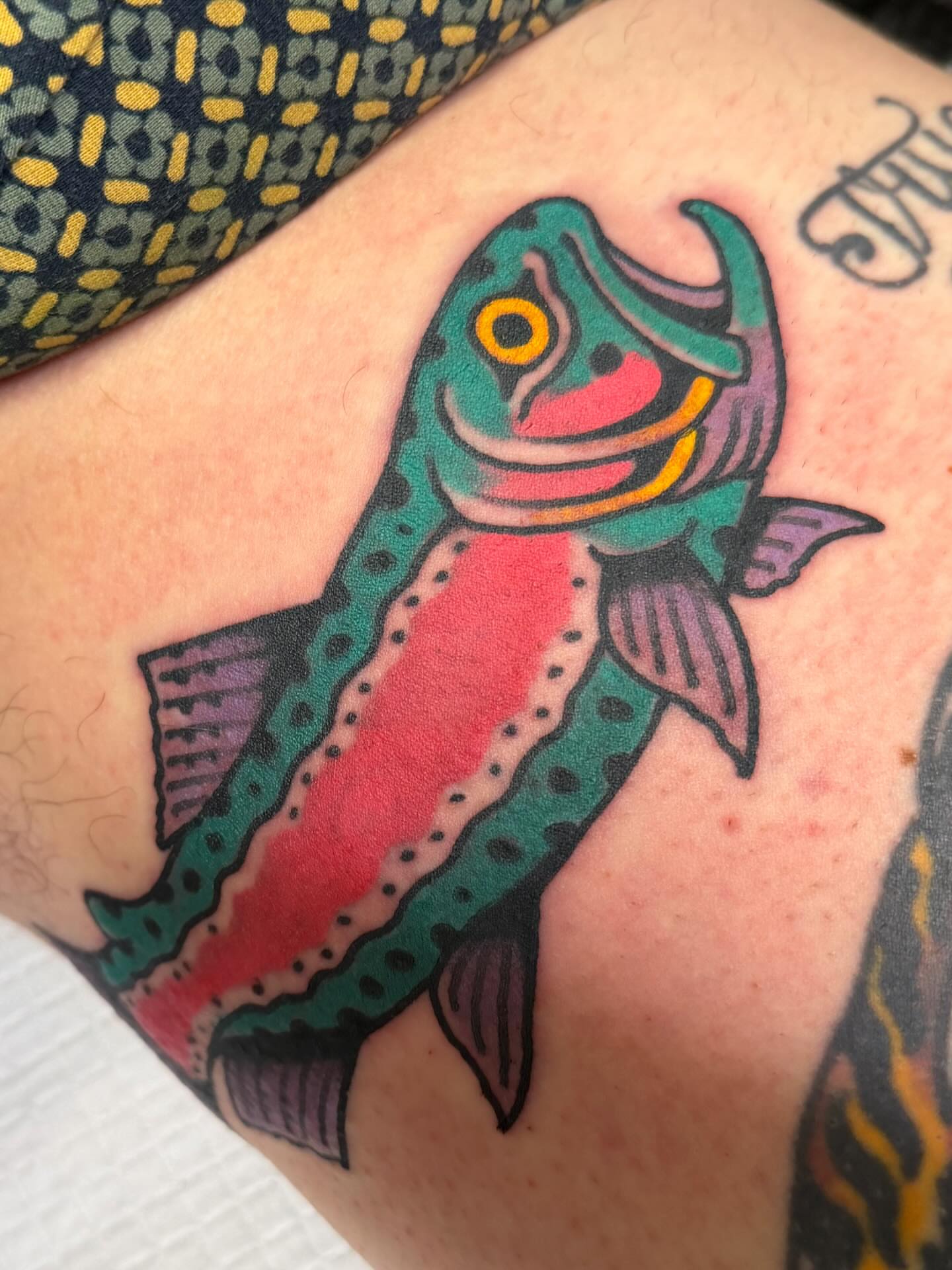 Salmon American traditional tattoo on the forearm by Danny Reed, Asheville, North Carolina
